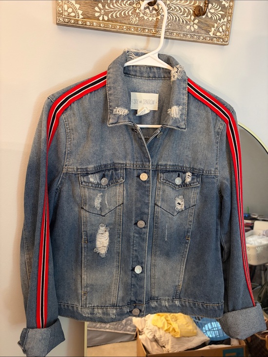 Sky and Sparrow Jackets & Blazers - Sky and Sparrow Blue Denim Jacket with Red and Black Shoulder Stripes